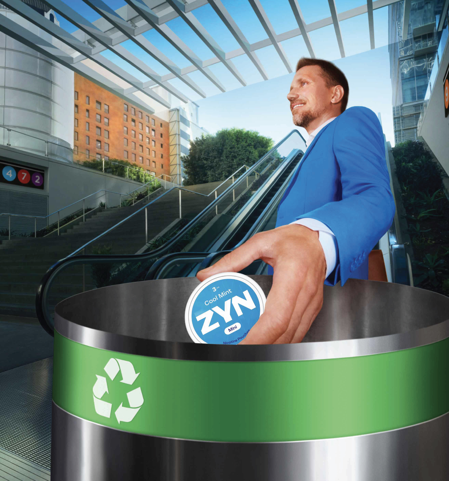 Image of a man in a blue suit placing a ZYN nicotine pouch can into a green recycling bin with escalators and stairs behind him.